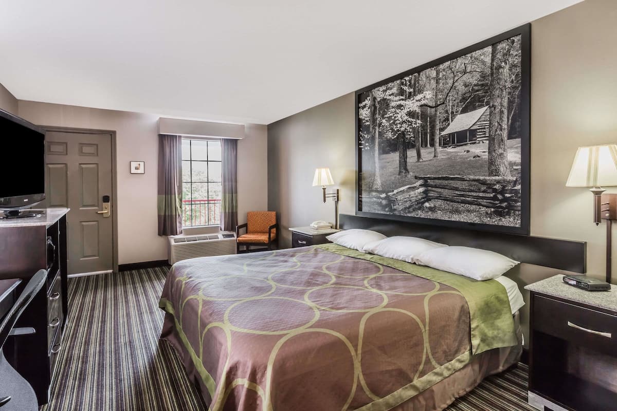 Hotelkamer met een bed, bureau, stoel, televisie, raam en een schilderij aan de muur.