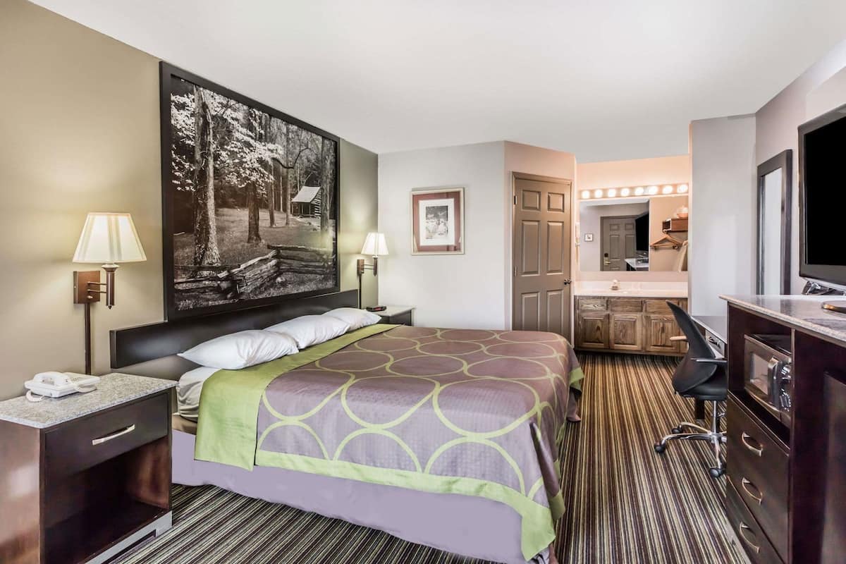 Een hotelkamer met een bed, nachtlampjes, een bureau met telefoon, een groot schilderij, een spiegel, een kaptafel met verlichting en een televisie.