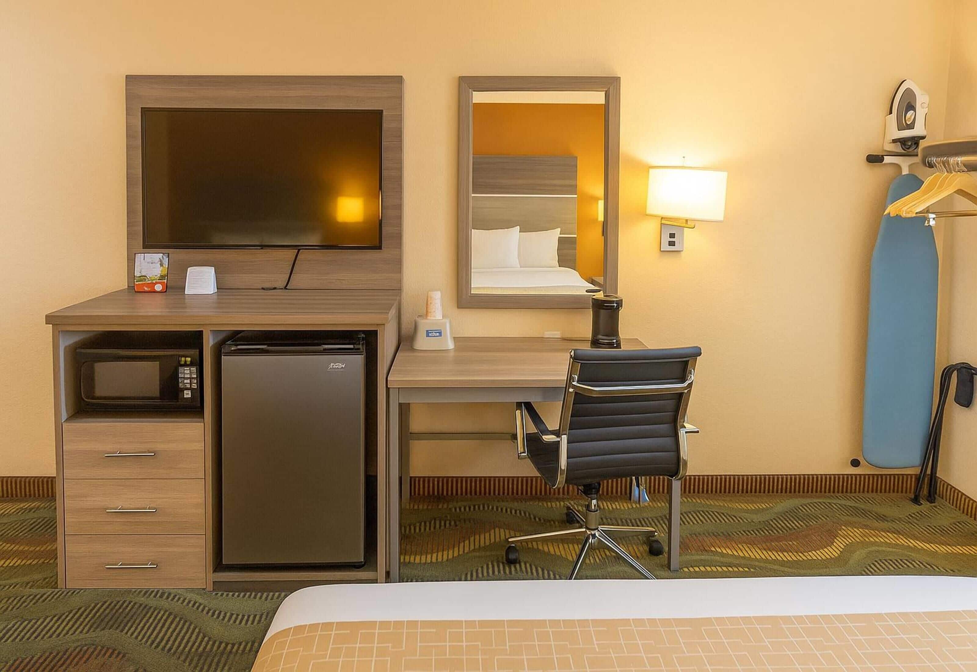 A hotel room with a bed, a desk with a microwave, a mini-fridge, a chair, a TV, a mirror, and a hanging clothes rack.