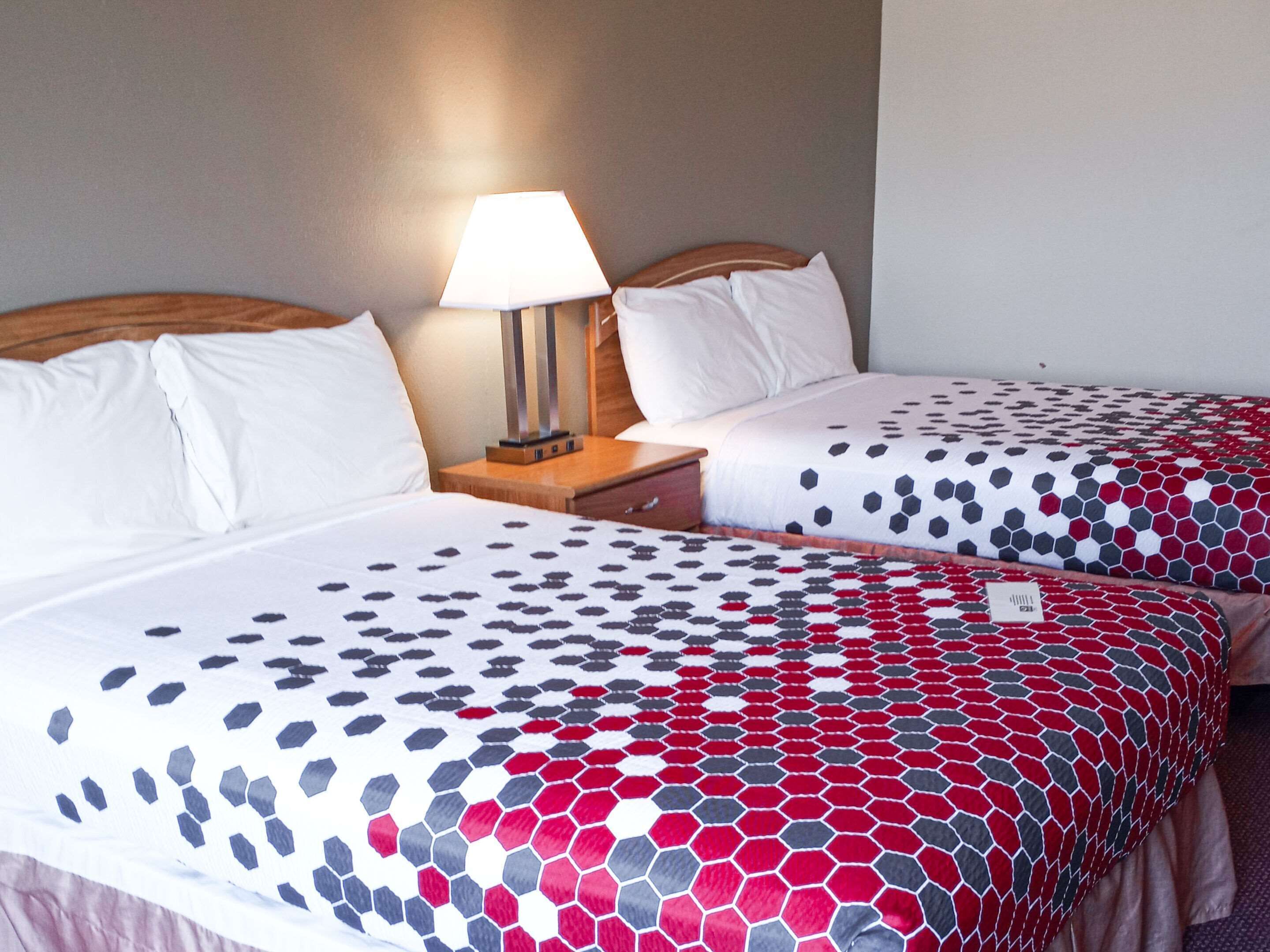 Une chambre d’hôtel avec deux lits, chacun recouvert d’une couvre-lit à motifs, une table de chevet avec une lampe et une petite table de nuit.