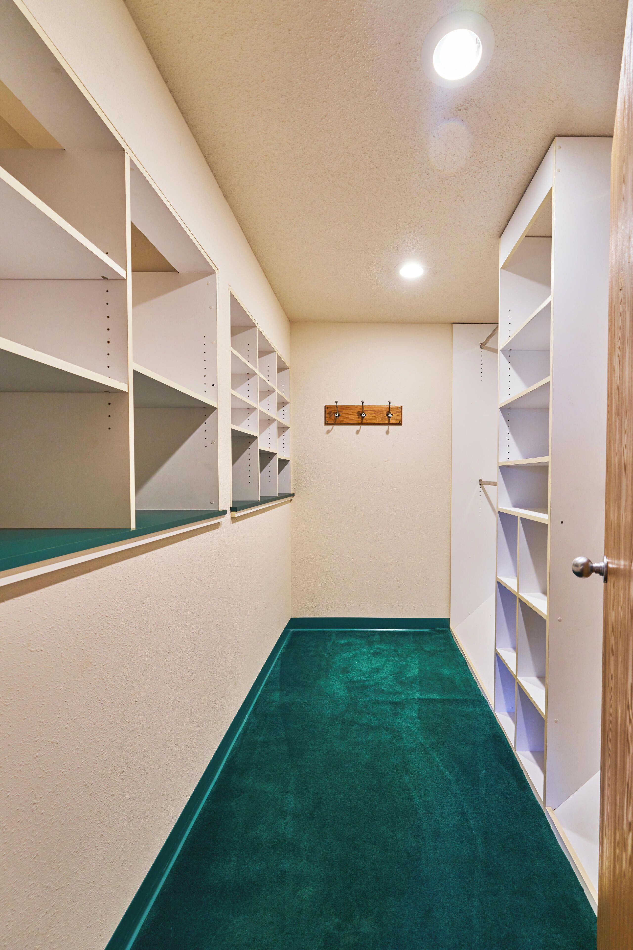 A narrow hallway with white shelving units on both sides and a green carpet.