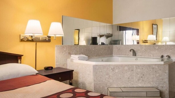Una habitación de hotel con una cama, una mesita de noche, un espejo grande, una bañera y un lavabo.