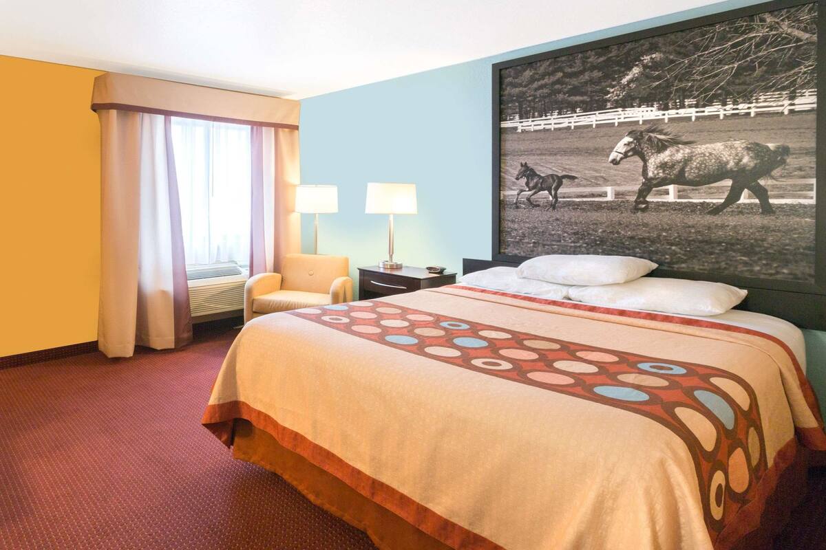 A hotel room with a large bed, two bedside lamps, a window with curtains, and a wall-mounted picture of horses.