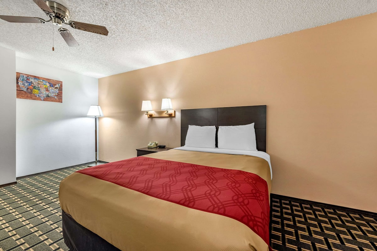A hotel room with a bed, a ceiling fan, a nightstand with a lamp, and a wall map.