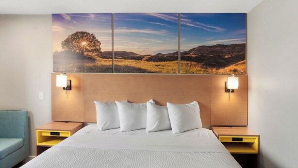 Habitación de hotel con una cama grande, dos mesitas de noche, una lámpara de pared y un cuadro de paisaje amplio sobre la cama.
