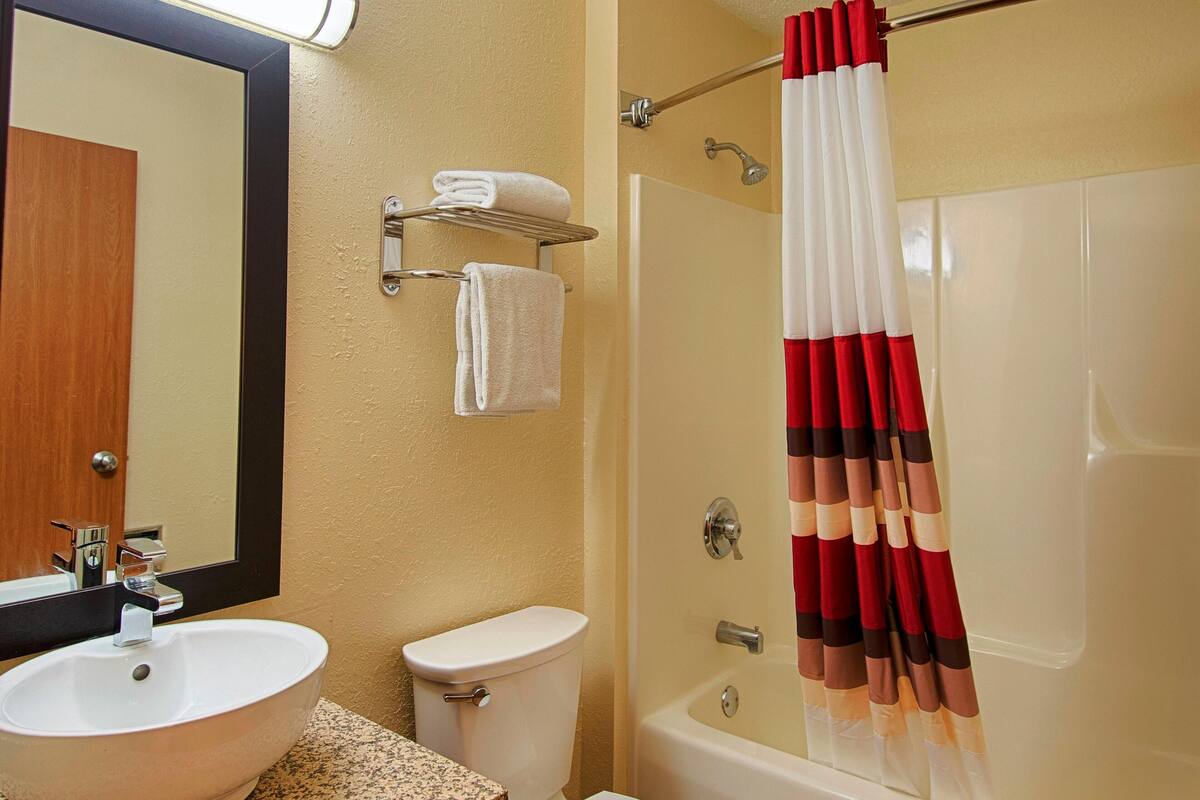 Bathroom | Combined shower/tub, free toiletries, hair dryer, towels