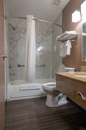 Combined shower/bathtub, free toiletries, hair dryer, towels