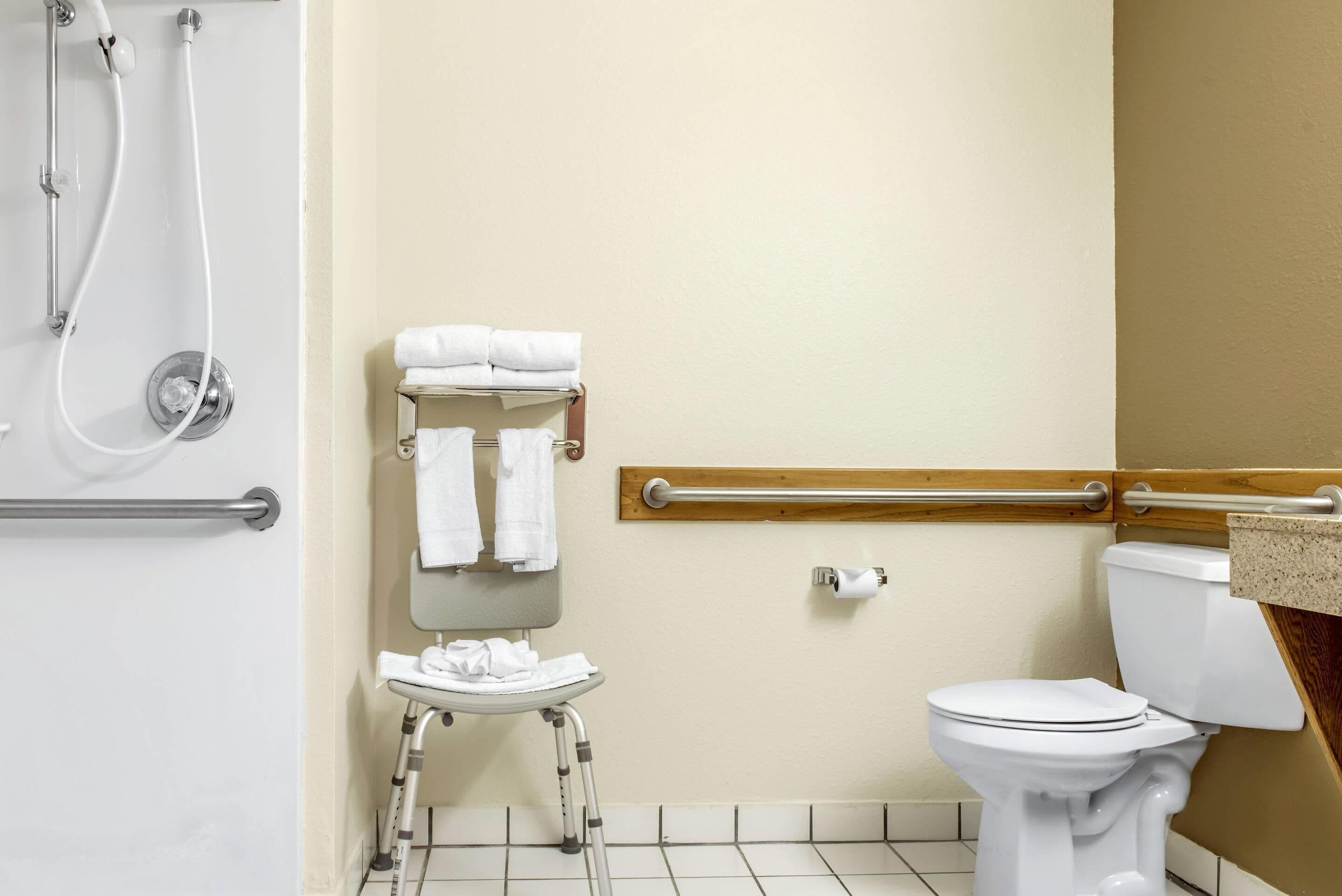 Une salle de bain équipée d’une douche, de toilettes et d’une barre d’appui.