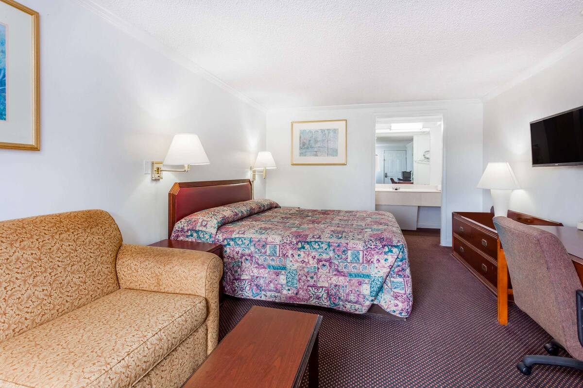 Une chambre d’hôtel avec un lit, un canapé, un bureau et une télévision.