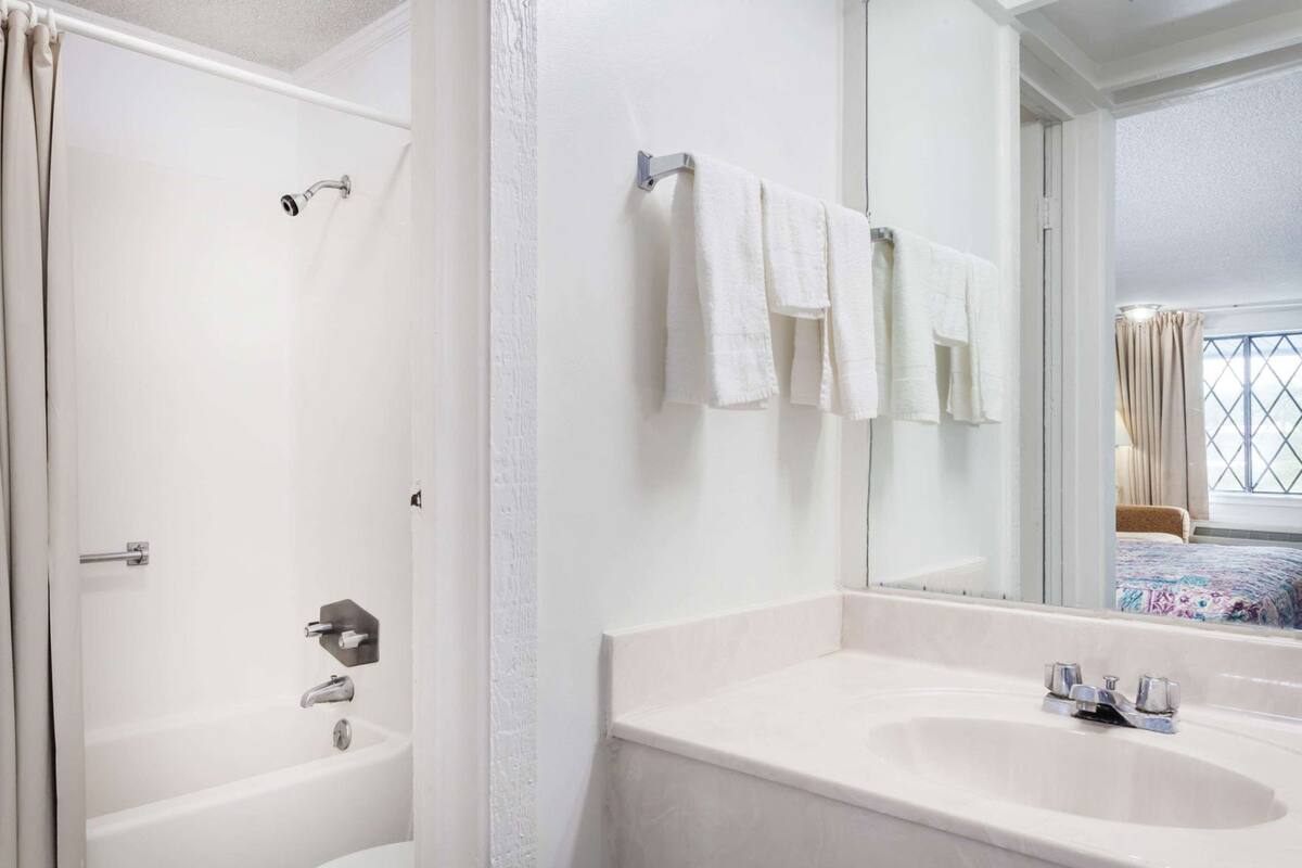 Une salle de bain avec une douche, un lavabo et un miroir.