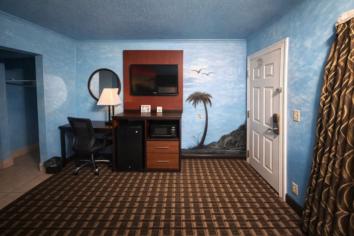 A hotel room with a desk, chair, TV, and a door.