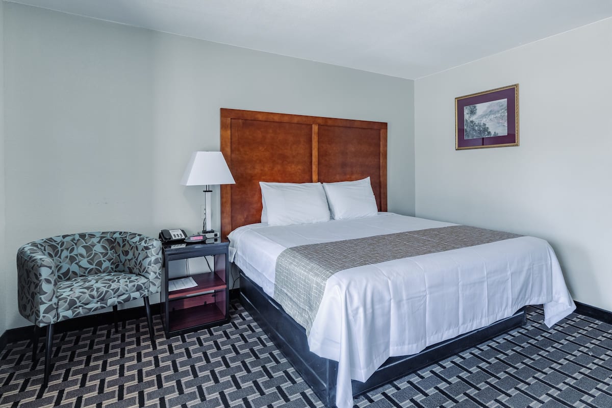 A hotel room with a bed, a chair, a nightstand, and a picture on the wall.