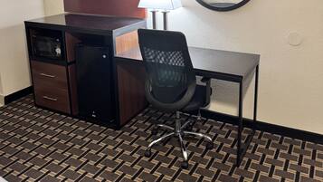 Desk, blackout curtains, soundproofing, iron/ironing board