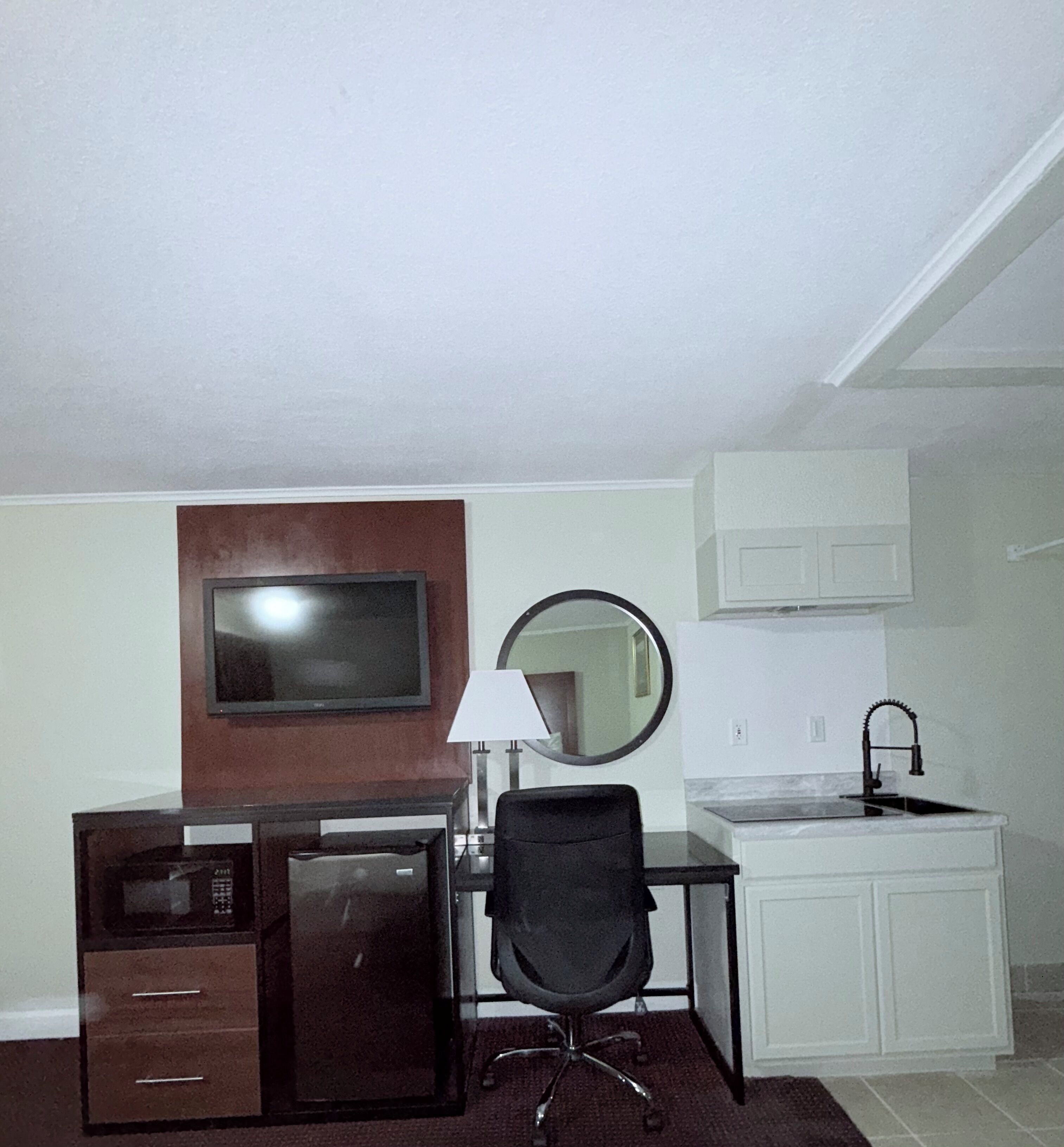 Desk, blackout drapes, soundproofing, iron/ironing board