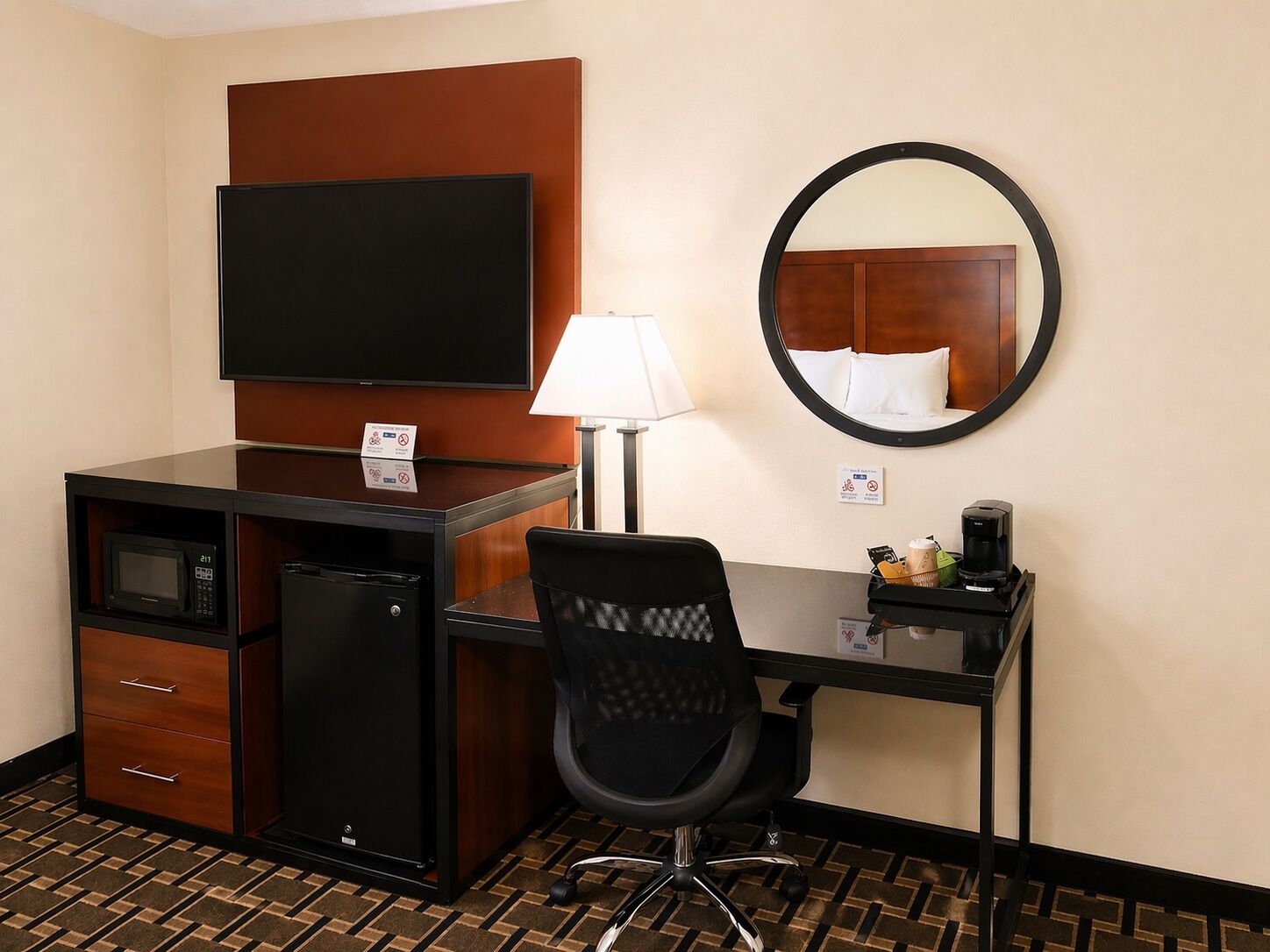 Desk, blackout curtains, soundproofing, iron/ironing board