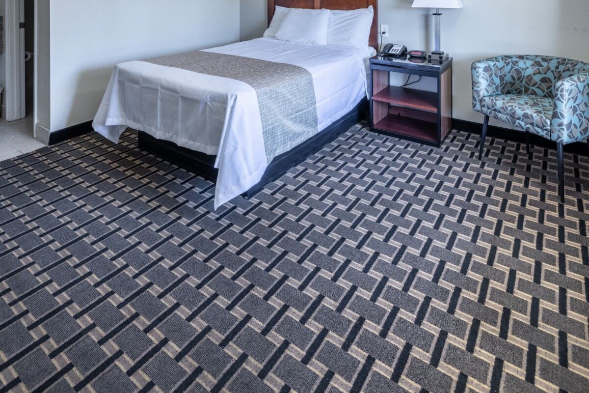 A hotel room with a bed, a nightstand, a chair, a lamp, and a picture on the wall.
