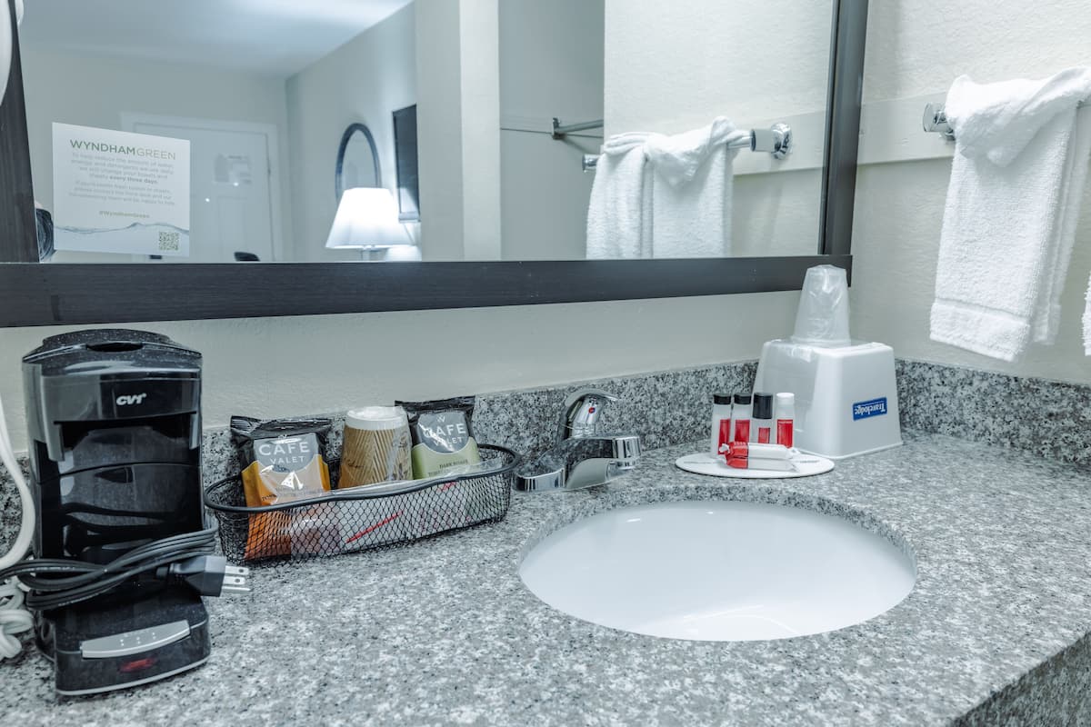 Combined shower/tub, eco-friendly toiletries, hair dryer, bathrobes
