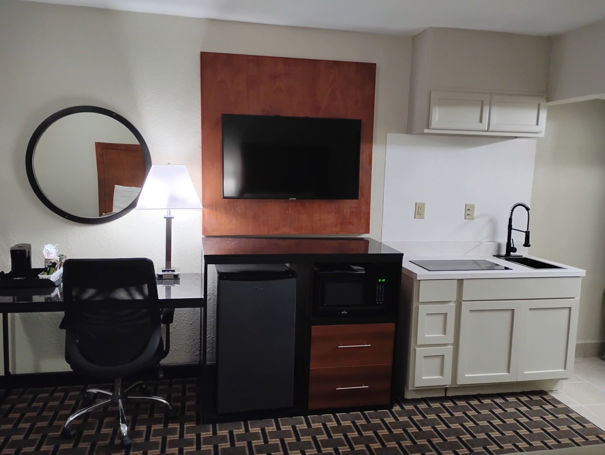 Desk, blackout curtains, soundproofing, iron/ironing board