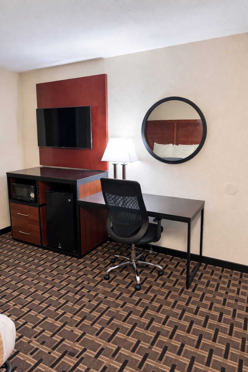 Desk, blackout curtains, soundproofing, iron/ironing board