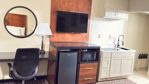 Desk, blackout curtains, soundproofing, iron/ironing board