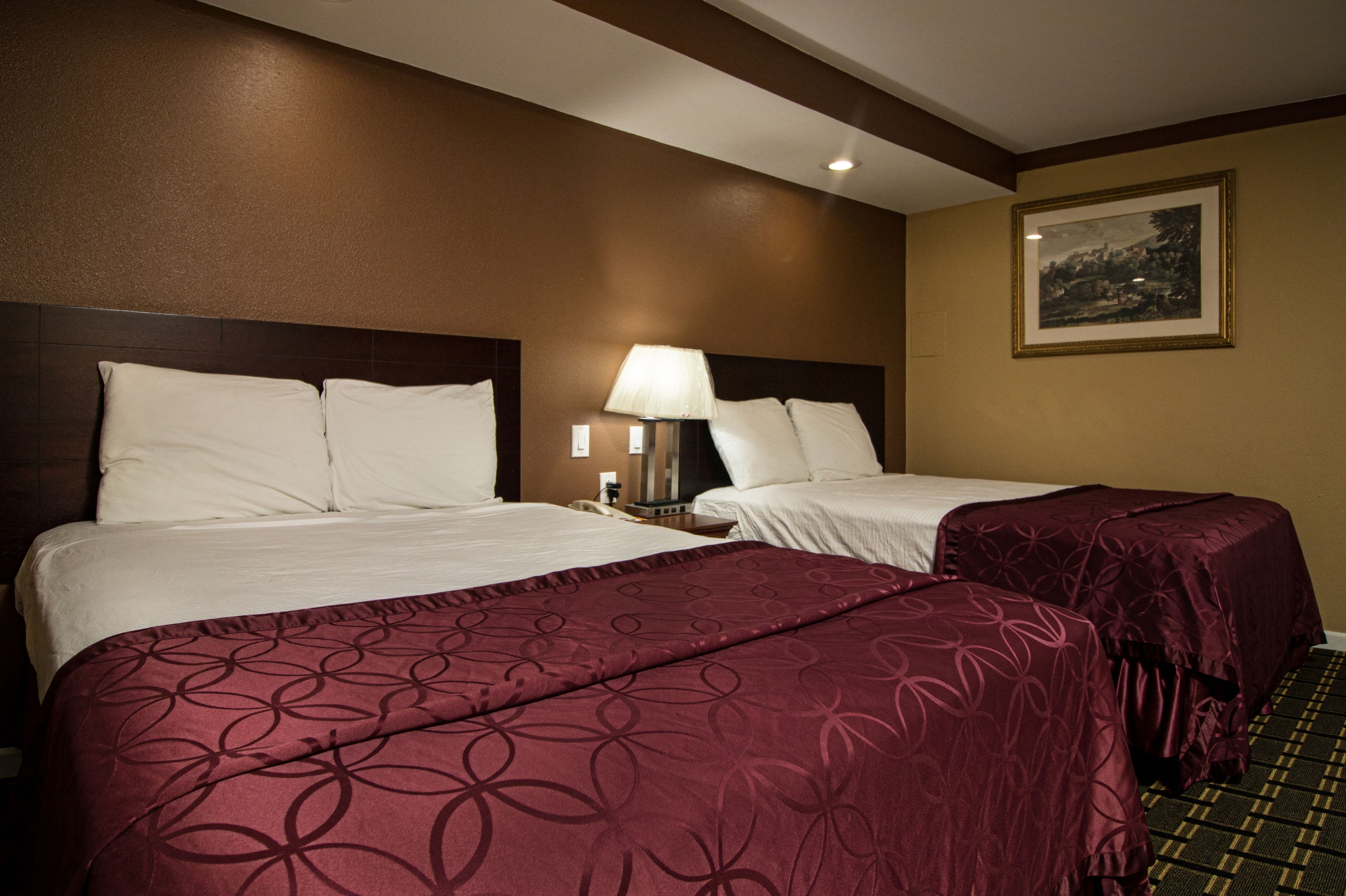 A hotel room with two beds, a nightstand with a lamp, and a framed picture on the wall.