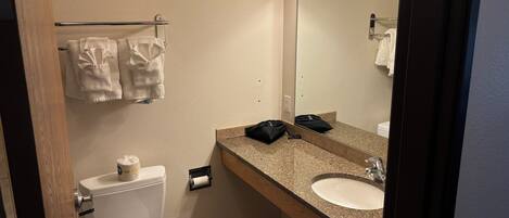 Ein Badezimmer mit Toilette, Waschbecken, Spiegel, Handtuchhalter und Mülleimer.