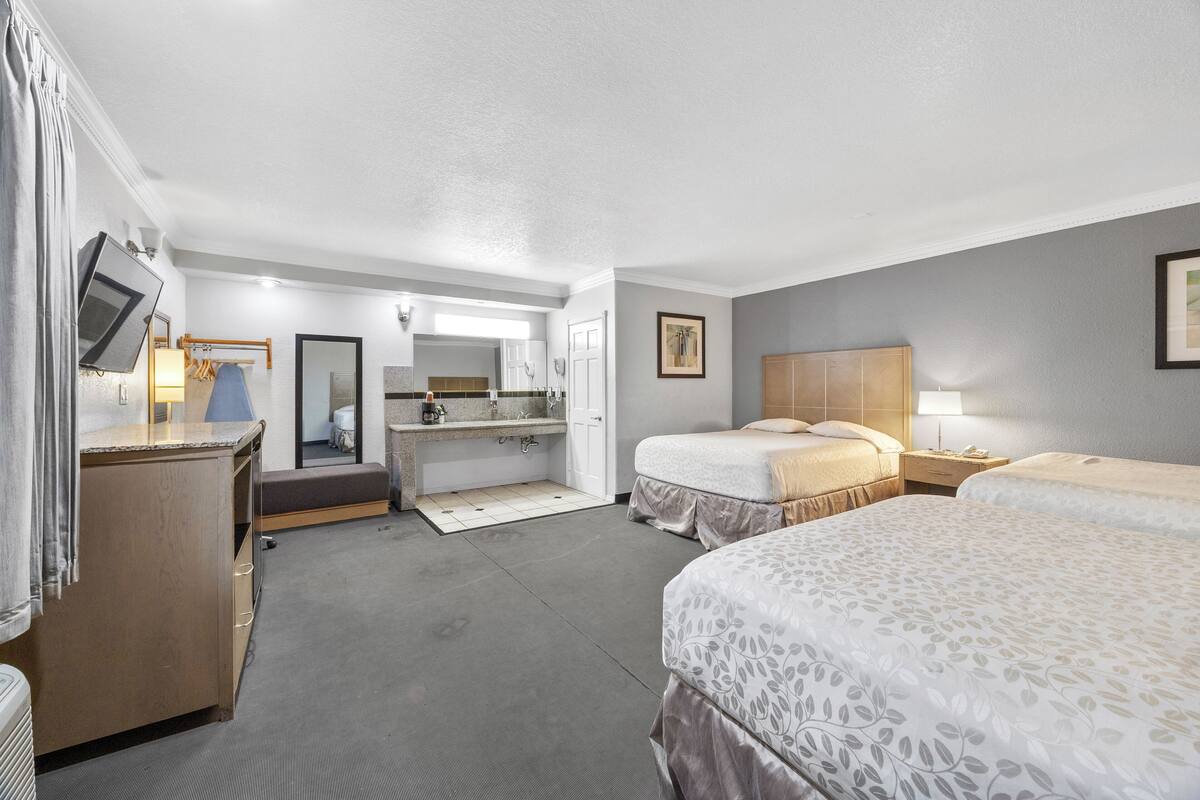 A hotel room with a bed, a desk, a mirror, a vanity, and a television.