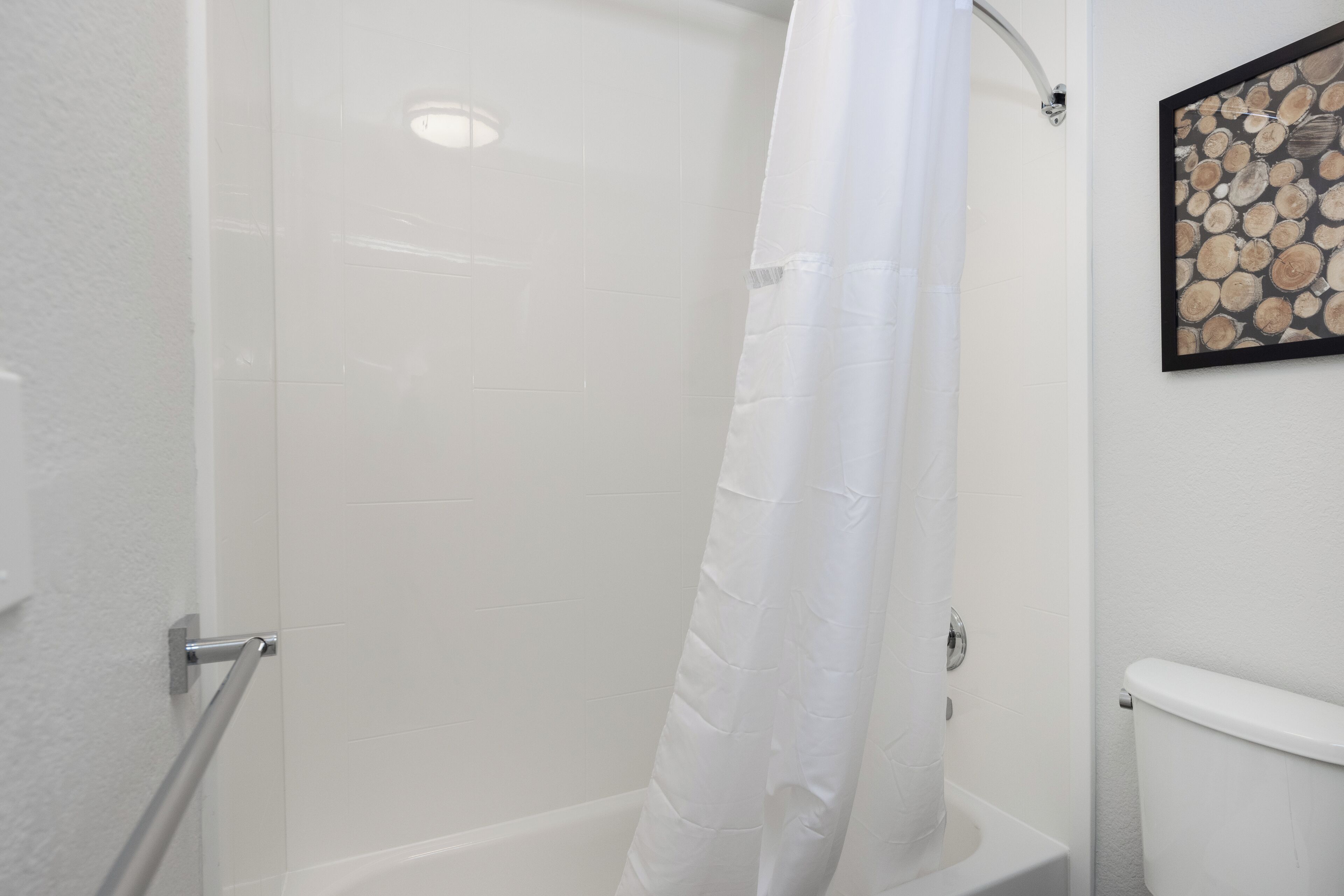Une salle de bain avec une douche blanche, des toilettes et un tableau encadré au mur.