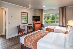 Habitación de hotel con dos camas, televisión, escritorio con silla y ventana con cortinas.