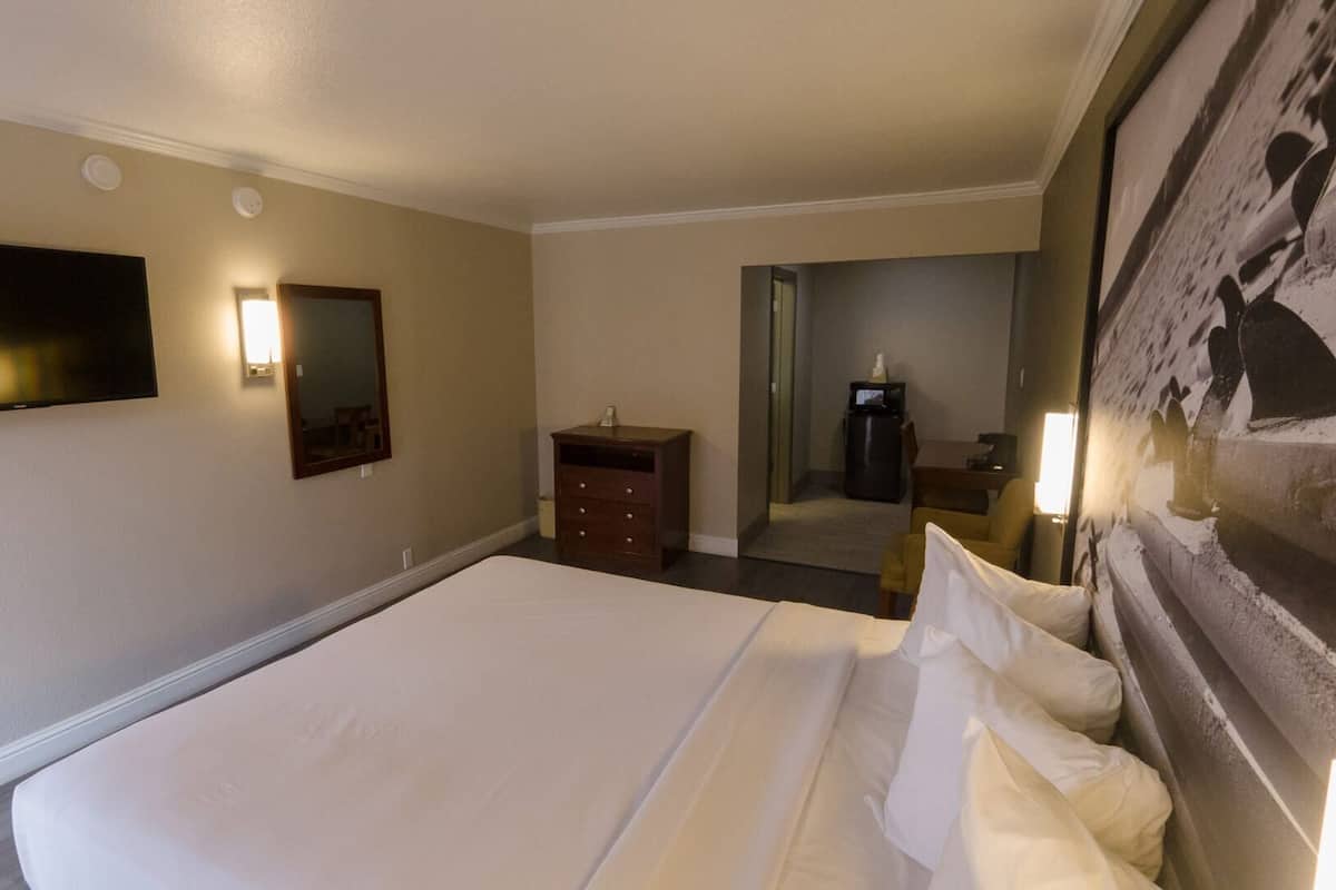 Habitación de hotel con cama, televisión, cómoda, espejo y un cuadro en la pared.