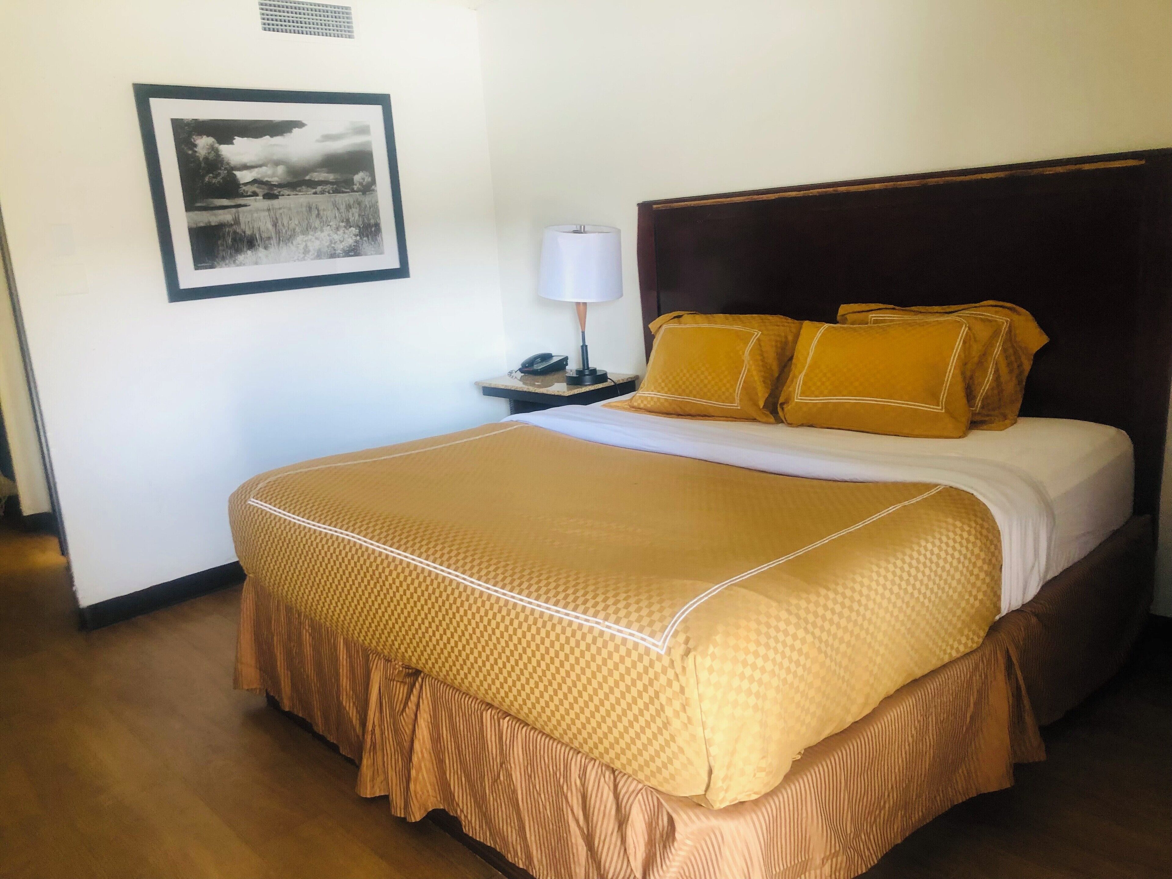 A neatly made bed with a patterned bedspread and matching pillows, a bedside lamp, and a framed picture on the wall.