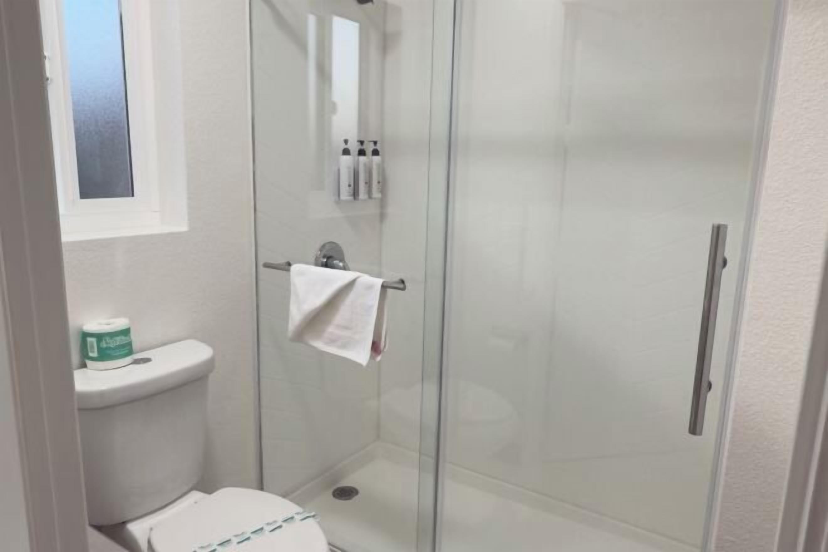 Bañera con ducha, secador de pelo, toallas, jabón