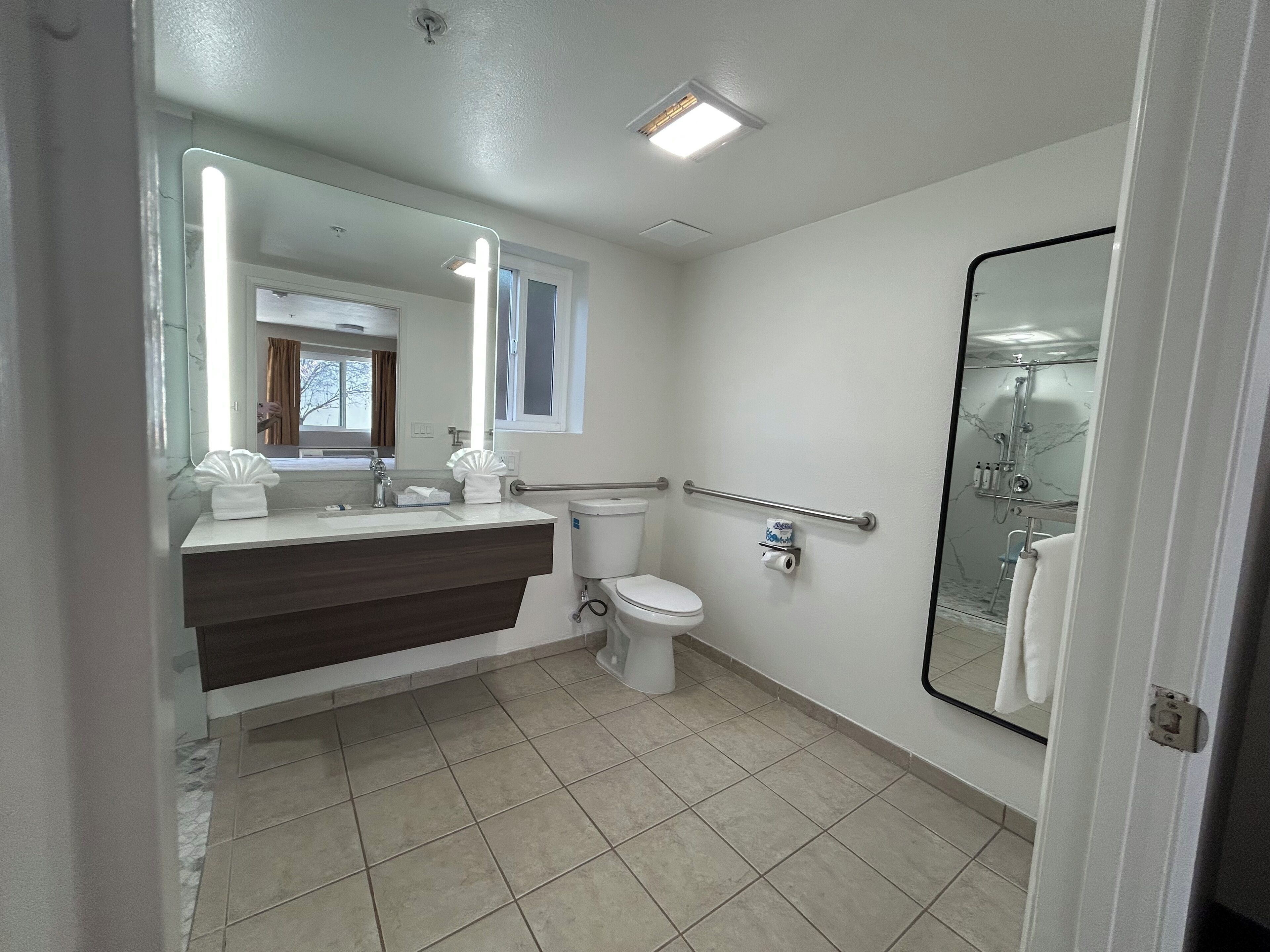 A modern bathroom with a vanity, toilet, and shower.