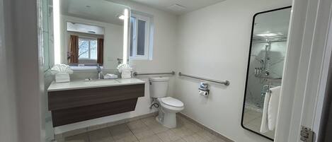 A modern bathroom with a vanity, toilet, and shower.