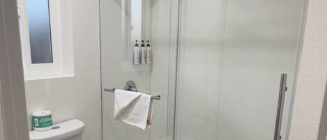 A bathroom with a toilet, sink, and glass shower enclosure.