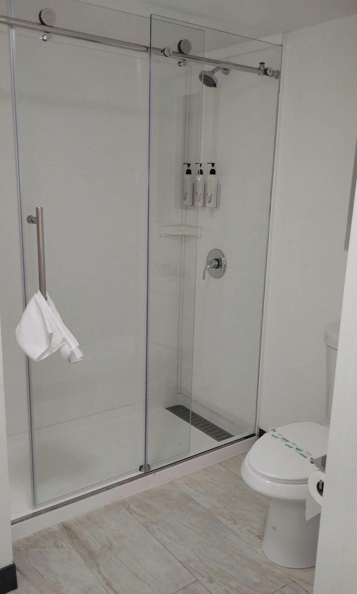 A modern bathroom with a glass-enclosed shower, a toilet, and a towel rack.