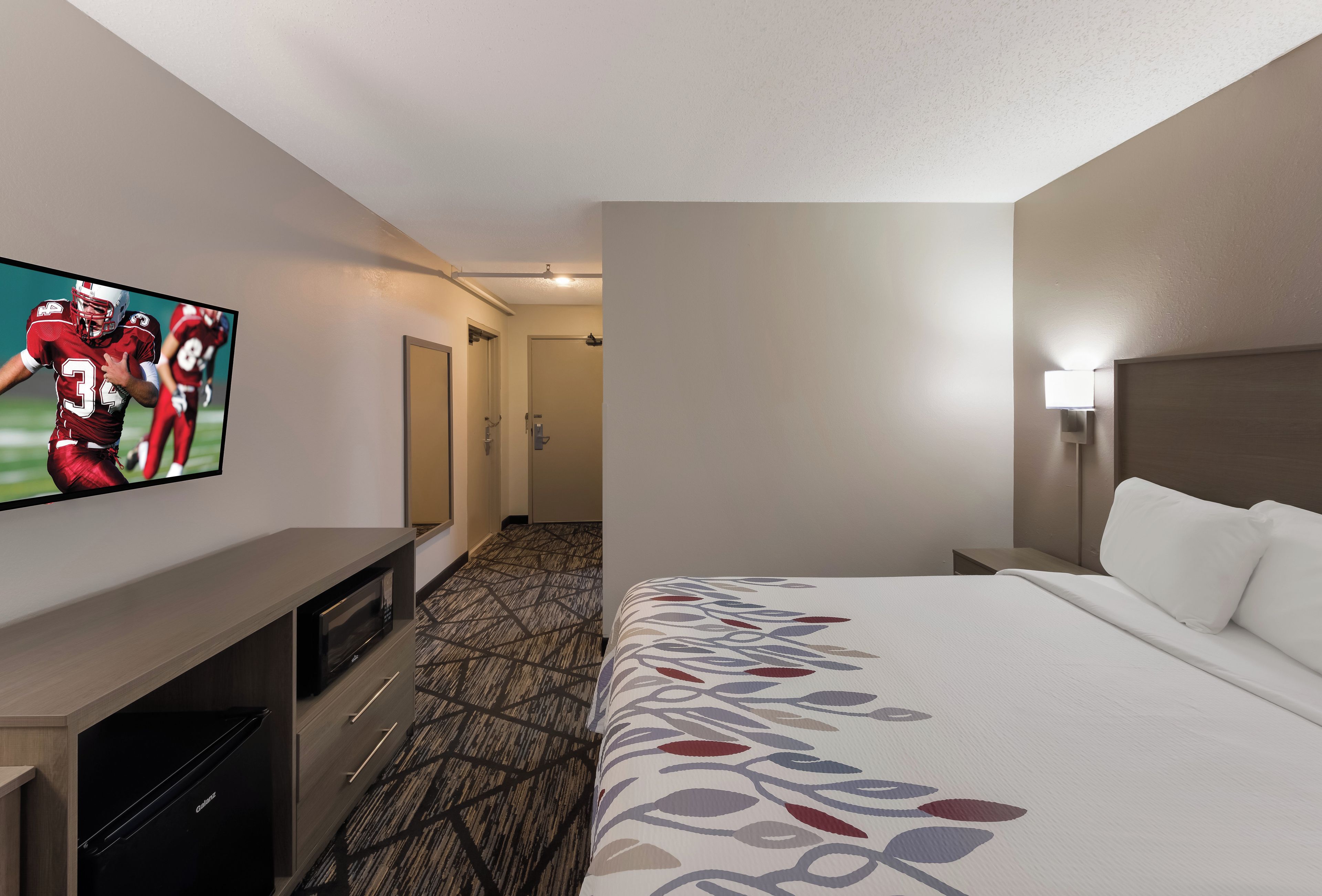 A hotel room with a bed, a television, a desk, and a door.