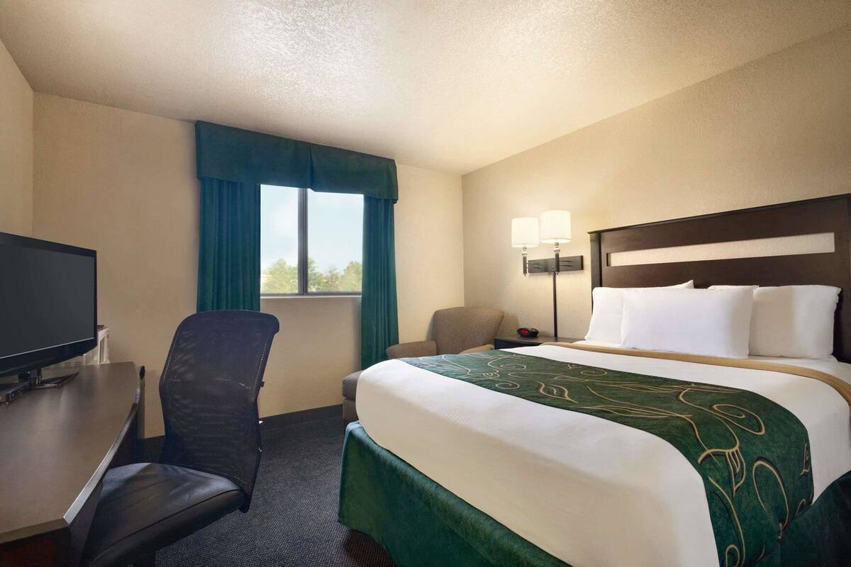 Habitación de hotel con cama, escritorio con televisor, una silla, ventana con cortinas y mesita de noche con lámparas.
