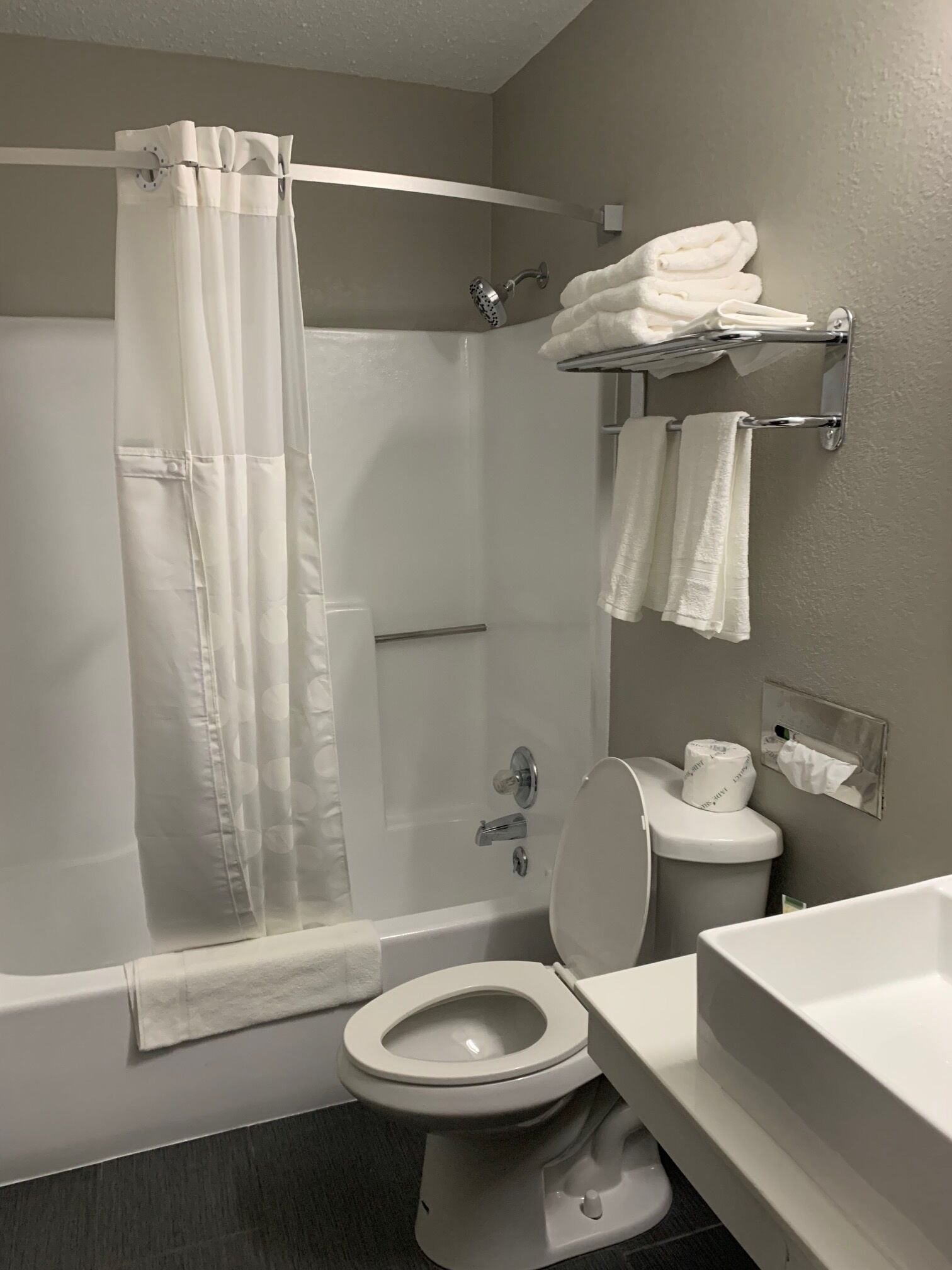 A bathroom with a shower, toilet, and sink.