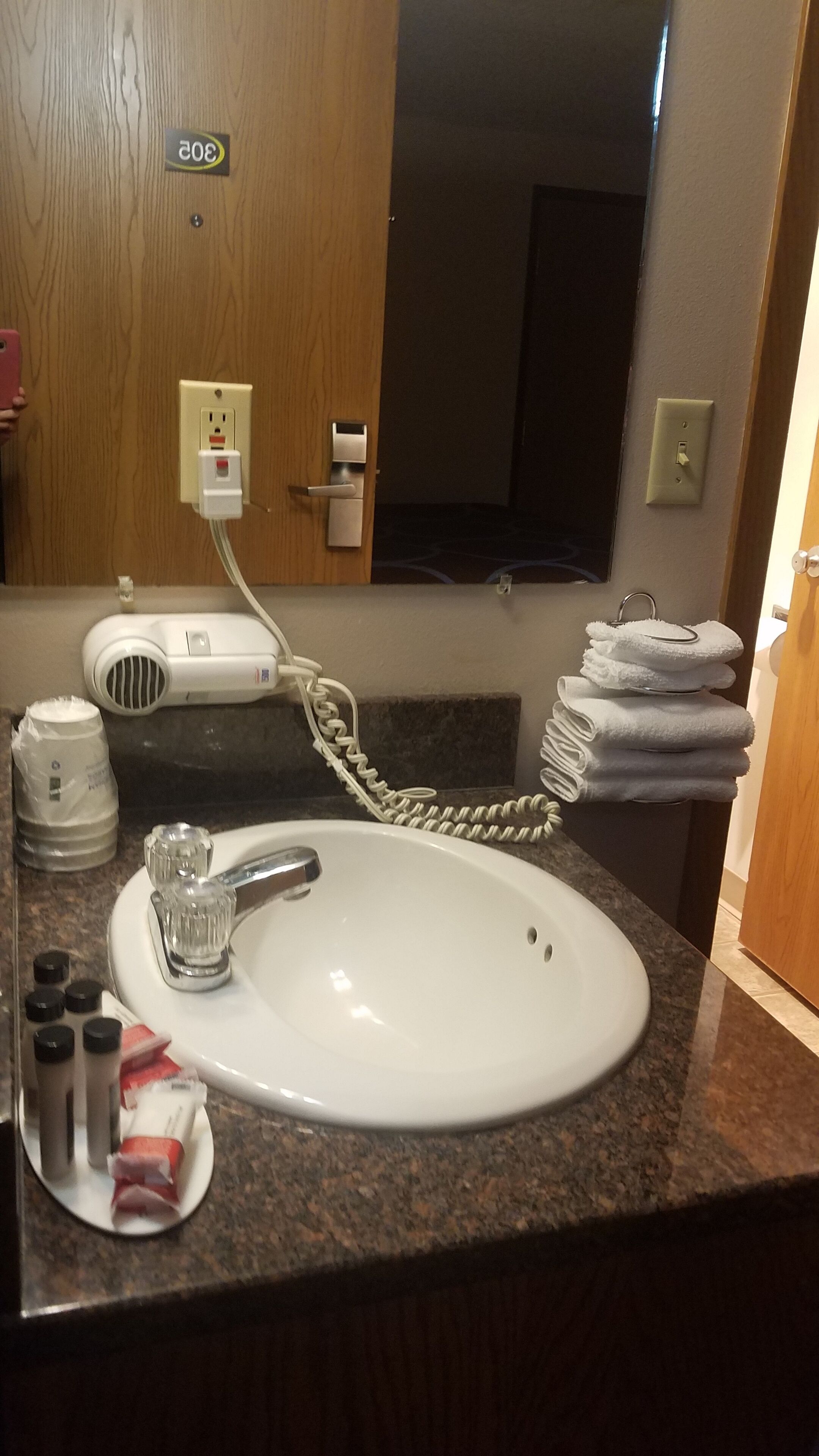 Casa de banho de hotel com lavatório, espelho, porta-toalhas e um secador de cabelo sobre a bancada.