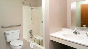 Ein Badezimmer mit Toilette, Dusche und Waschbecken.