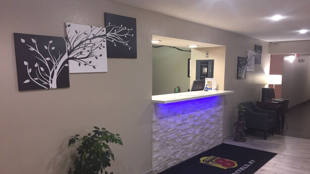 Un espace d’accueil avec un comptoir en pierre, deux œuvres d’art accrochées au mur, un bureau d’accueil, une plante en pot et un paillasson orné d’un logo.