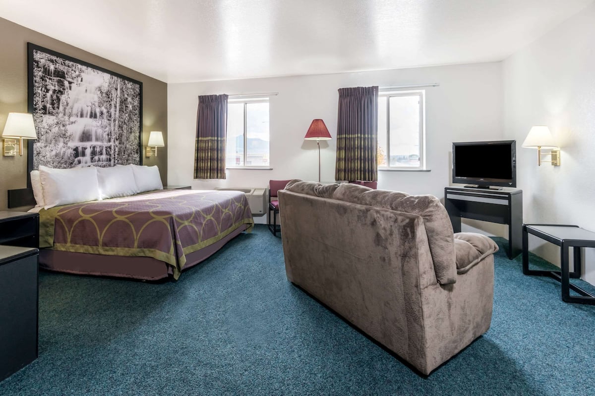 A hotel room with a bed, a sofa, a TV, and a desk.