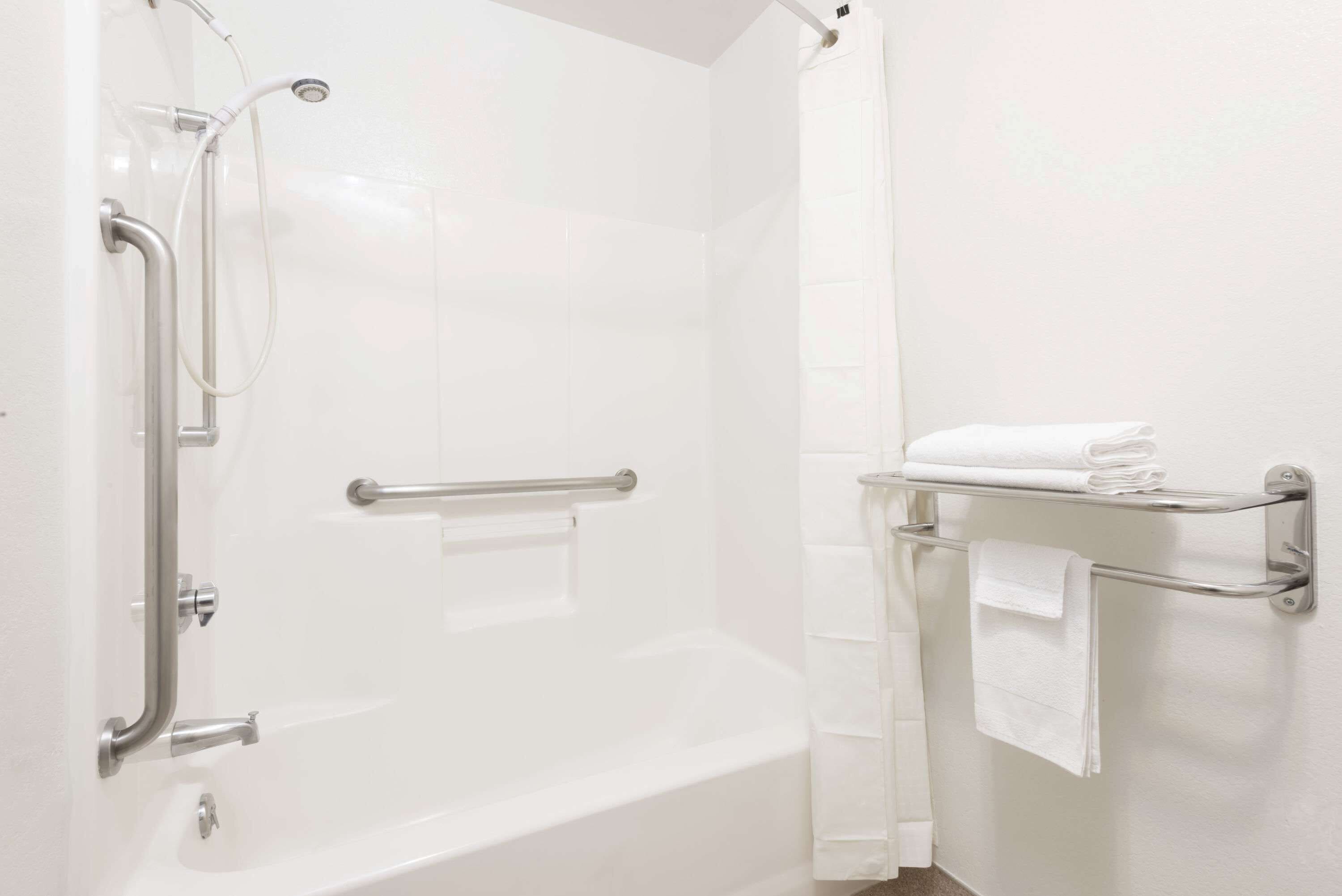 room, 1 king bed, accessible, non smoking (bathtub w/ grab bars) | bathroom | combined shower/bathtub, hair dryer, towels