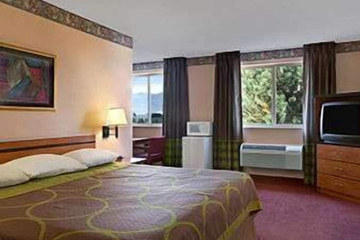 Een hotelkamer met een bed, een televisie, een bureau met lamp en een raam met gordijnen.
