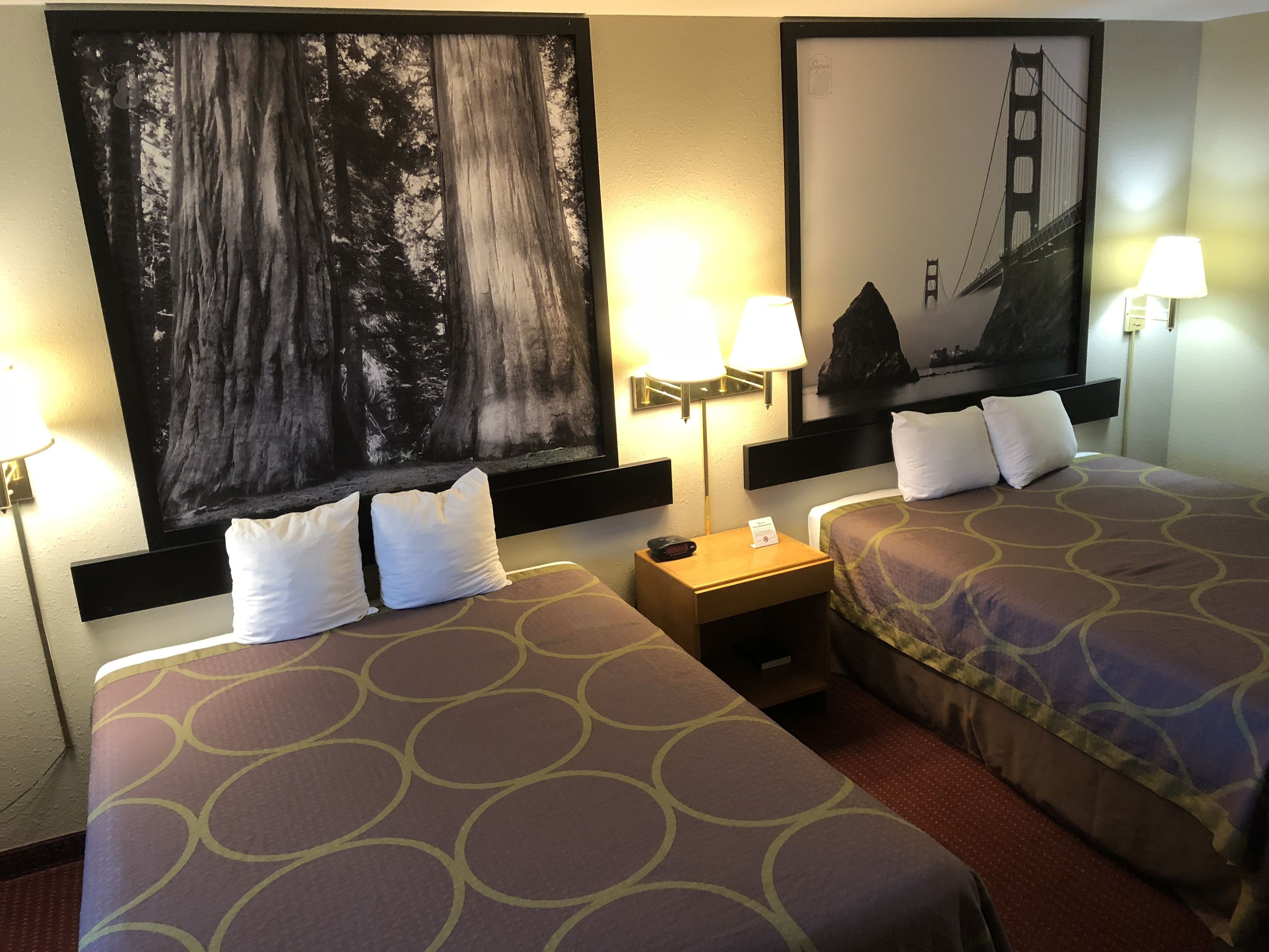 A hotel room with two beds, each with a patterned bedspread, a nightstand with a lamp, and a large painting of a forest on the wall.