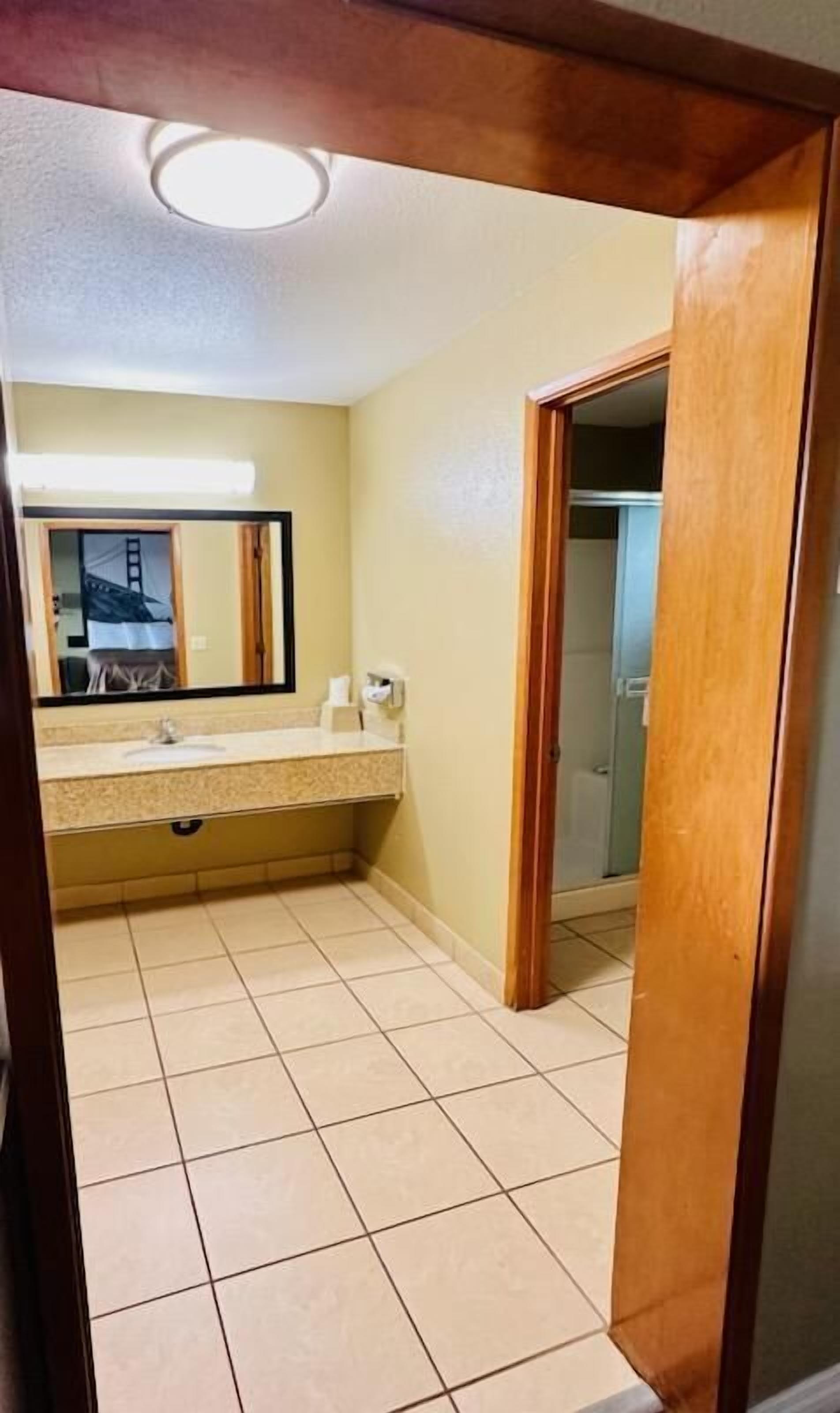 A bathroom with a sink, mirror, and toilet.
