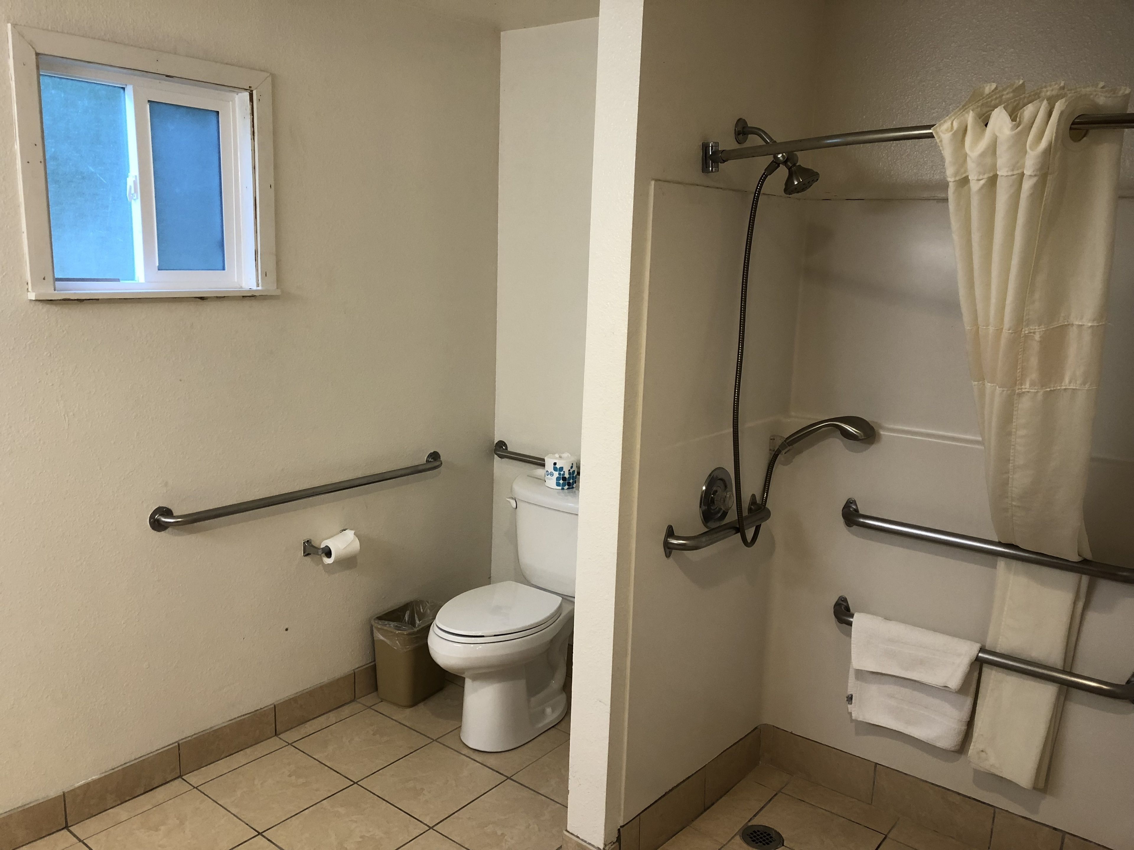 A bathroom with a toilet, a shower with a grab bar, a window, and a towel rack.