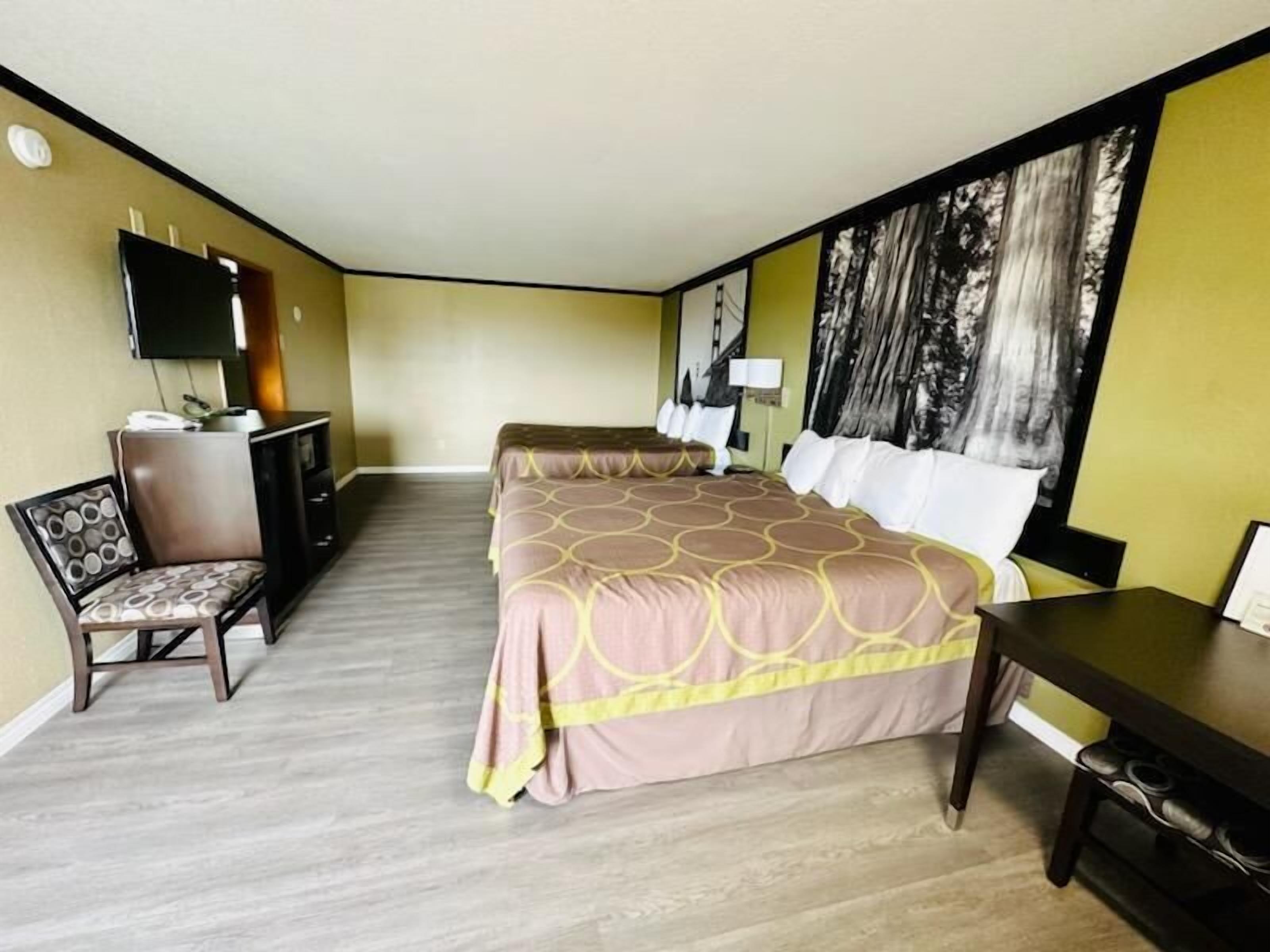 A hotel room with a large bed, a desk, a chair, a TV, and a large window with a forest view.