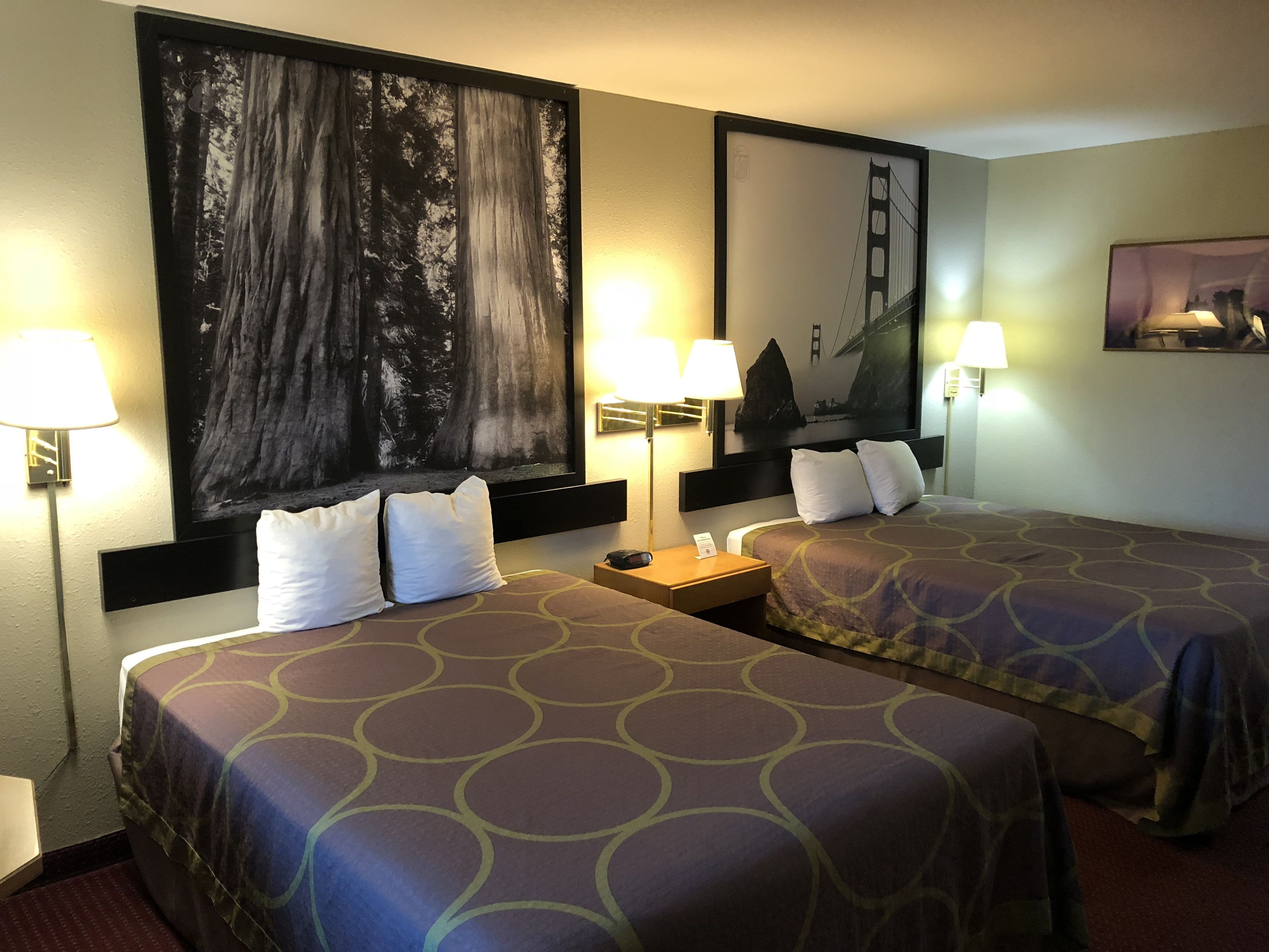 Een hotelkamer met twee bedden, elk met een gebedrukte spreideken, een groot abstract schilderij aan de muur en twee wandlampen.